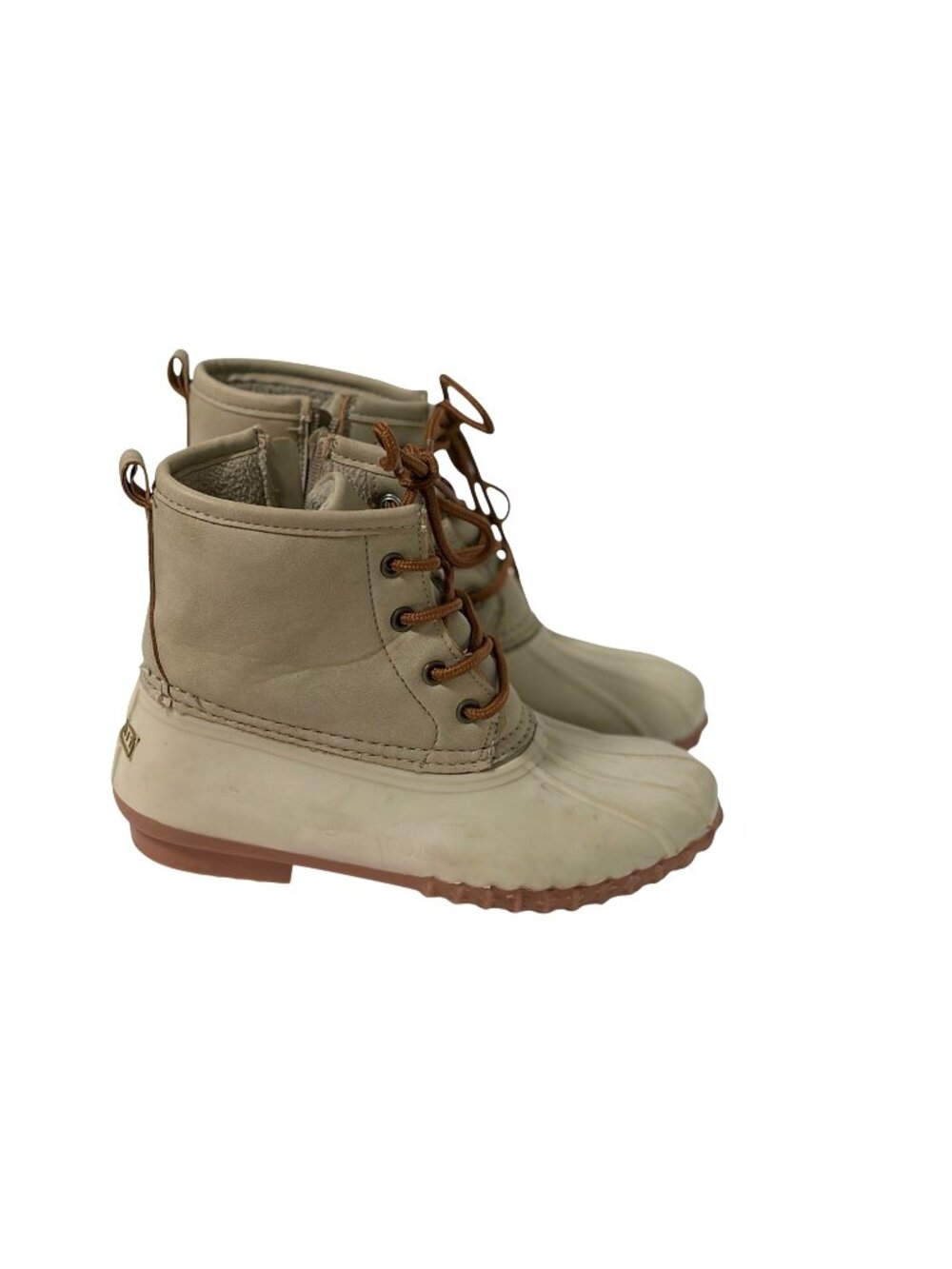 Espirit Womens Size 6 B Tan Beige Duck Rain Boots Side Zip Lace Tie Up Ankle Vin